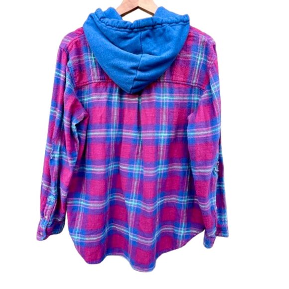 American Eagle Distressed Hooded Flannel Womens Large Red Navy Plaid Cabincore - Picture 2 of 9